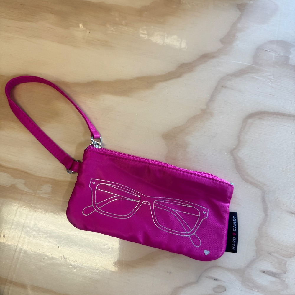 Hard Candy‎ Hot Pink Glasses Wristlet Pouch Rainbow Stripe Lining Zip Case OS